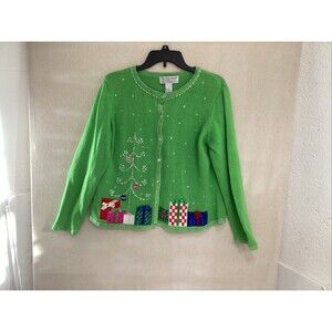 tiara international Christmas collection sweater sz L green presents